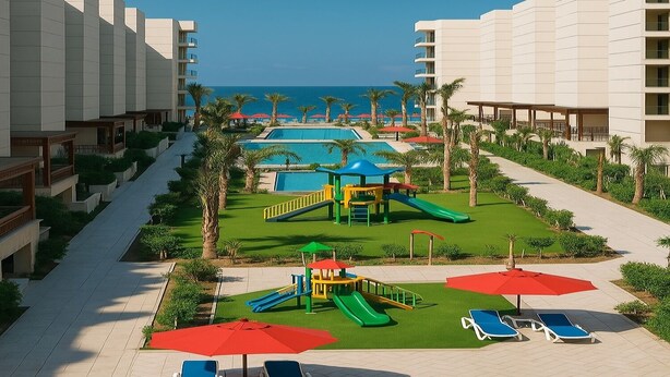 A resort with multiple swimming pools, a children's play area, and sun loungers. - Where Relaxation Meets the Mediterranean Porto Said (Al-Manasrah)