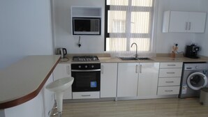 A modern kitchen with a microwave, stove, sink, and washing machine. - Residence La Colombe Vacation Rentals (Mont Choisy)