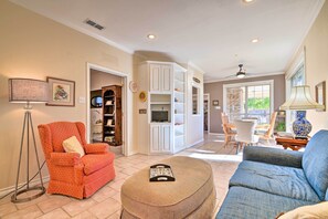 TV, fireplace, books, video library