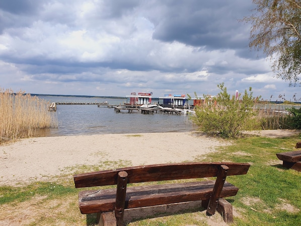 A lakeside view with a wooden bench, a dock, and buildings in the background.