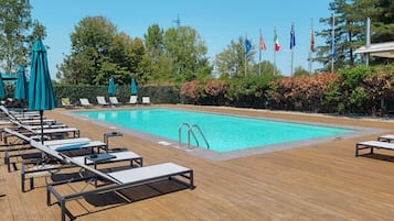 Seasonal outdoor pool, pool umbrellas, pool loungers