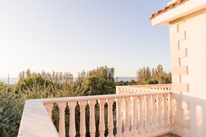 Un balcon doté d’une balustrade, offrant une vue sur une zone côtière bordée d’arbres et donnant sur la mer.