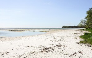 A sandy beach with a clear view of the ocean and a forested area in the background. - Nice home in Nexø with WiFi (Nexø)
