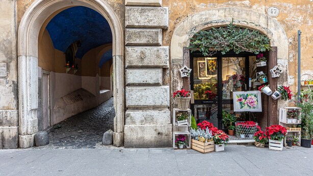 Ein Laden mit einer Stein-Fassade, einem Rundbogen-Eingang und verschiedenen draußen angeordneten Blumentöpfen und Blumen.