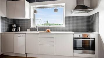 Fridge, stovetop, dishwasher, coffee/tea maker