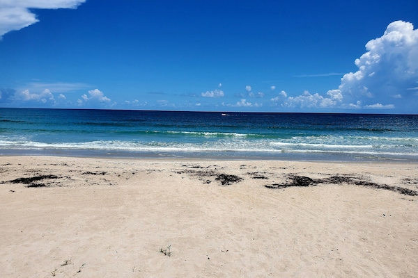 Vlak bij het strand, ligstoelen aan het strand, strandlakens