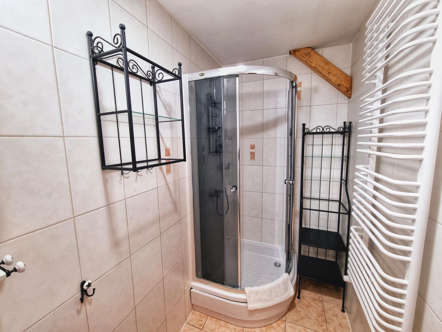 Baño con ducha esquinera, mampara de vidrio, estante metálico negro y toallero blanco.