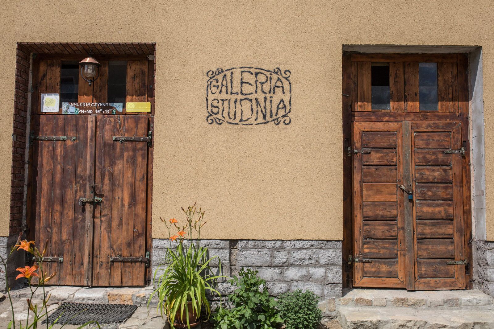A building facade with two wooden doors, a sign reading "GALERIA STUDIA," and a small potted plant in front.