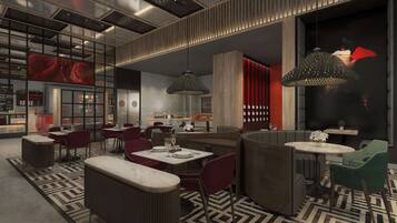 Een modern restaurant met hoge plafonds, een vloer met een patroon en eigentijds meubilair.