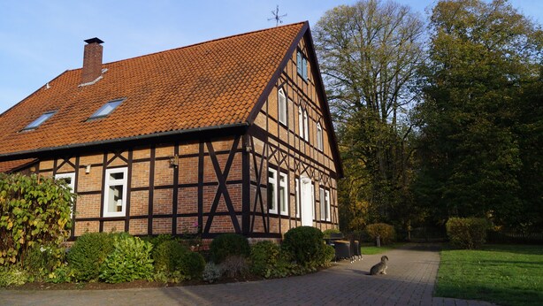 Une maison traditionnelle à colombages, avec un toit en pente, une cheminée et un petit jardin où se trouve un chien.