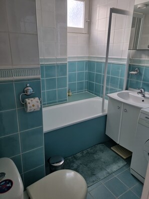 Duschwanne, Haartrockner, Handtücher, Toilettenpapier