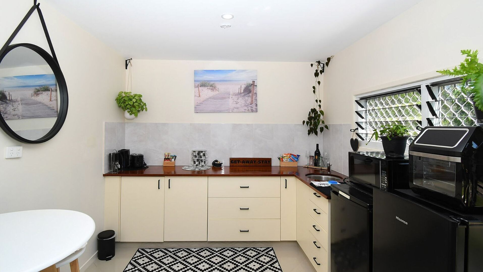 Fridge, microwave, toaster, cookware/dishes/utensils