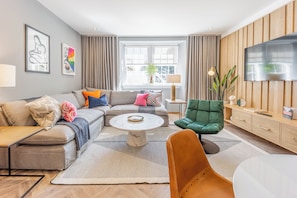 Superior 2-Bedroom Apartment (Bedroom 1: 1 King or 2 Single beds, Bedroom 2: 1 King or 2 Single bed) | Living area | 75-inch LCD TV with digital channels, TV - No1. Apartments St Andrews - South Street (St. Andrews)