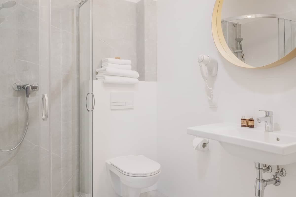 shower, free toiletries, hair dryer, towels