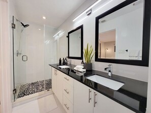 Shower, hair dryer, towels