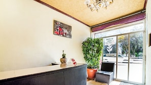 A reception area with a reception desk, a potted plant, a sofa, and a large window with a view of the street and parked cars. - OYO Hotel Bugambilia San Luis Potosi (San Luis Potosi)