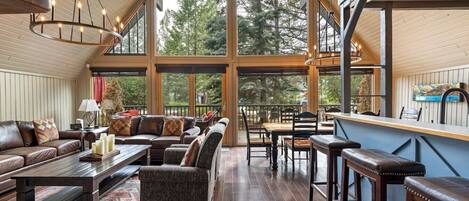 Smart TV, chimenea, libros, estéreo