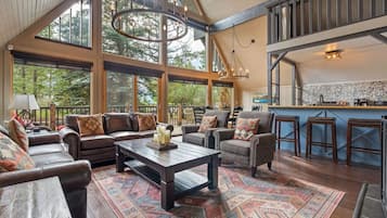 TV connectée, cheminée, livres, chaßne hi-fi