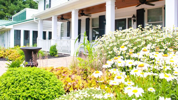 A white house with a porch, a garden with daisies, and a black planter. - Inn at Mary's Land Farm (Clarksville)