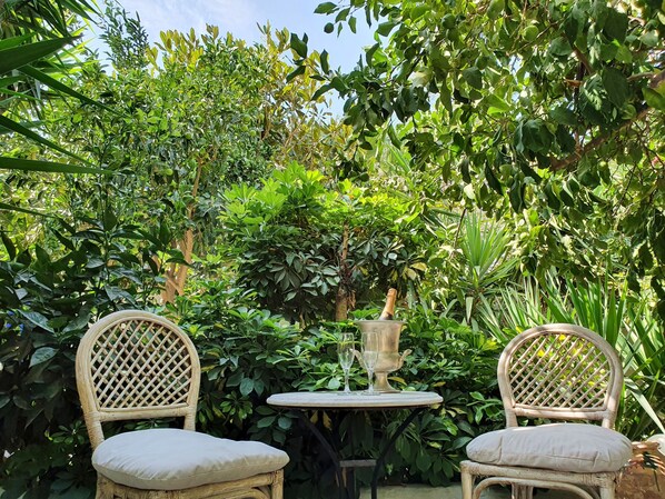 A garden setting with two wicker chairs and a small table, surrounded by lush greenery and a decorative urn.