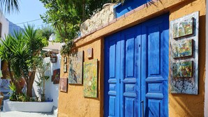 Eine enge Straße mit einer blauen Tür und Blumentöpfen.
