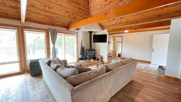 Smart TV, fireplace, books, stereo