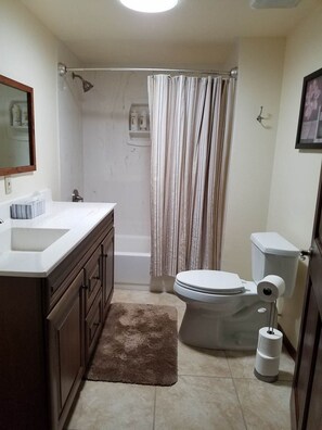 Combined shower/tub, hair dryer, towels, soap