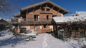 A wooden chalet with a balcony, a stone staircase, and a snow-covered path. - jlulbert's chalet near biotop lake and center (Combloux)