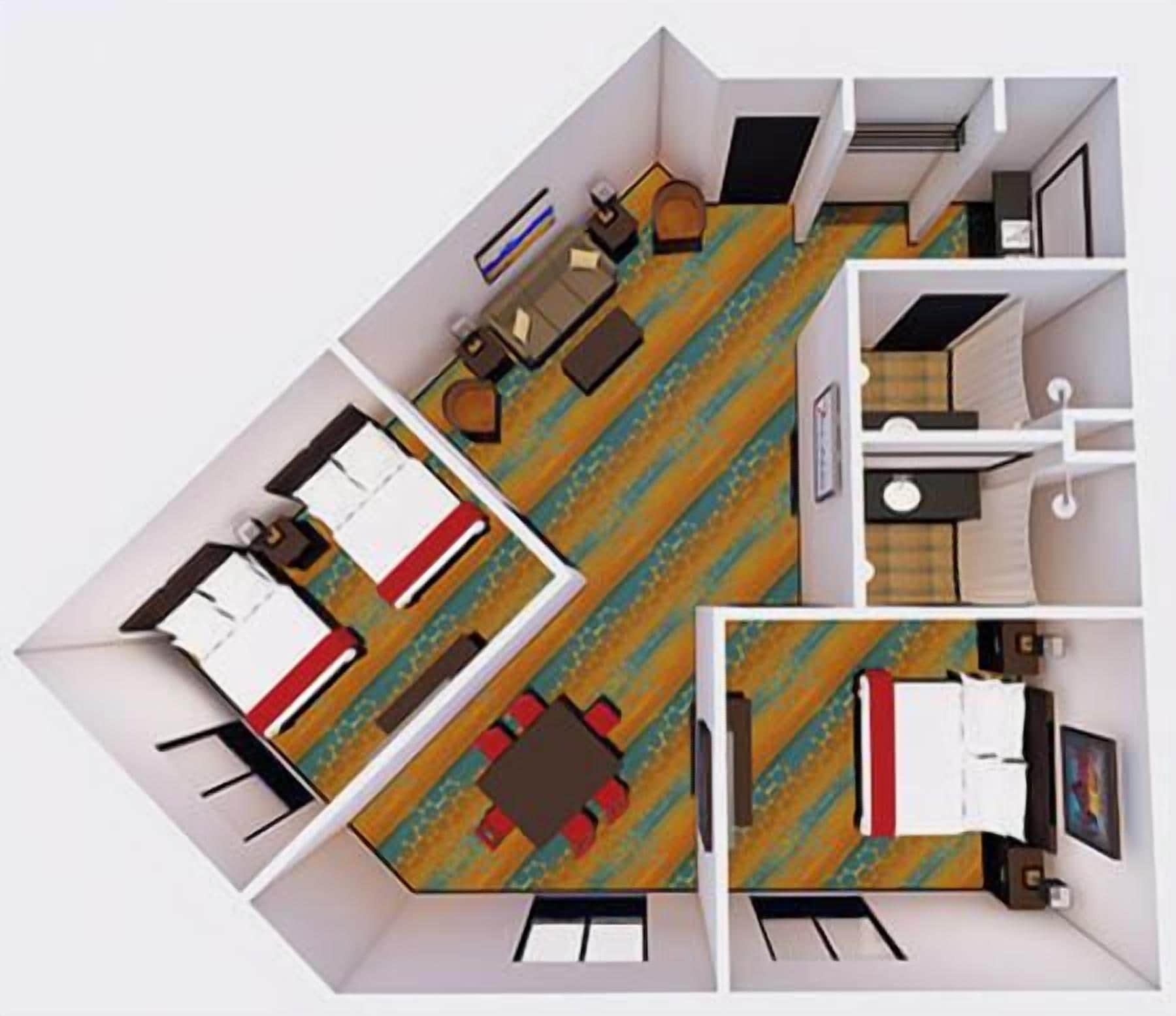 Distribución de una habitación de hotel con cama, escritorio, silla y un pequeño rincón de descanso.