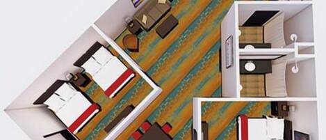 Distribución de una habitación de hotel con cama, escritorio, silla y un pequeño rincón de descanso.