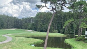 Un campo de golf con un estanque, rodeado de árboles y un cielo despejado.
