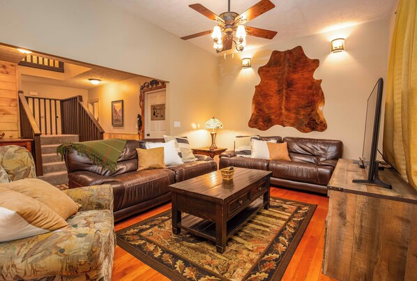 Smart TV, fireplace, video games, DVD player