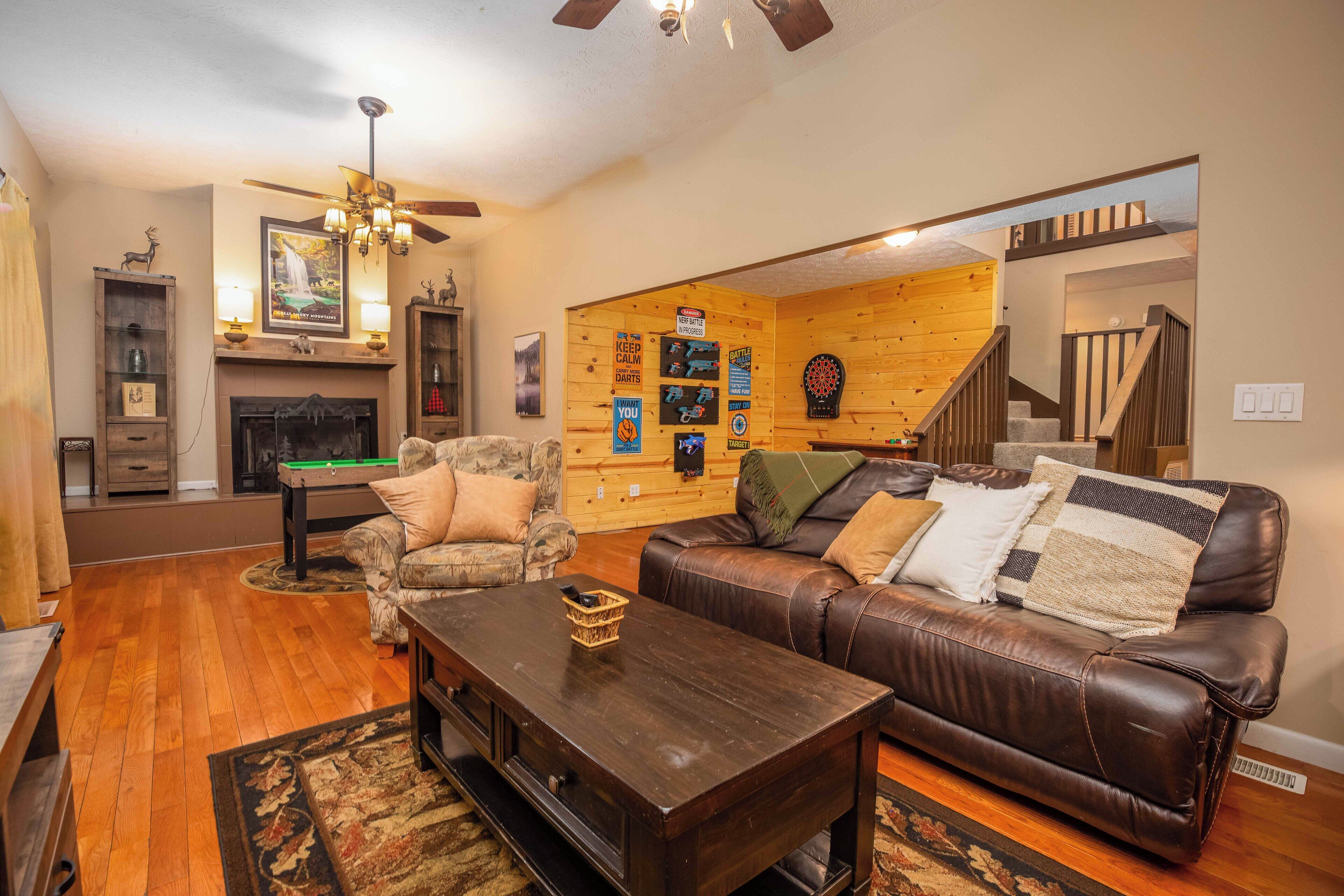 Smart TV, fireplace, video games, DVD player