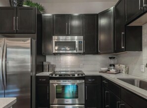 Fridge, microwave, oven, stovetop