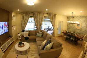 Smart TV, fireplace, books