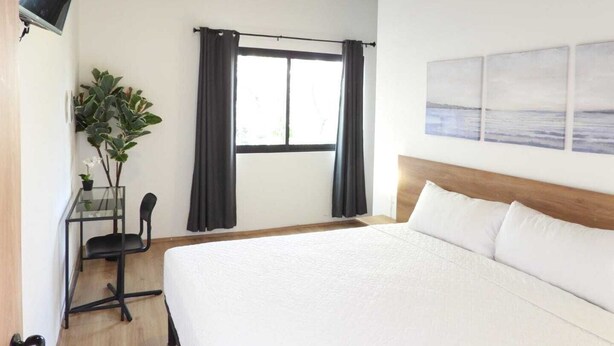 Ein Schlafzimmer mit Bett, Schreibtisch mit Stuhl, einem Blumentopf, einem Fenster mit Vorhängen und einem Wand-Fernseher.