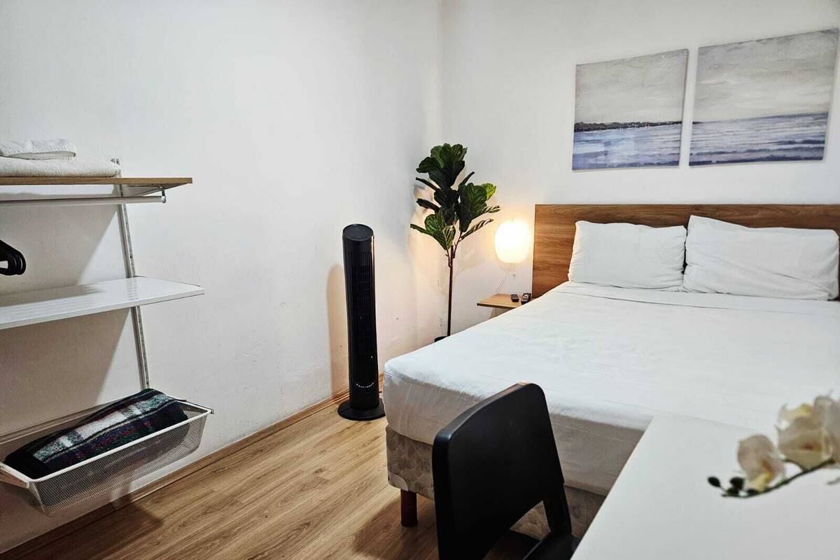Une chambre d’hôtel avec un lit, un bureau, une chaise, une plante et des œuvres d’art accrochées au mur.