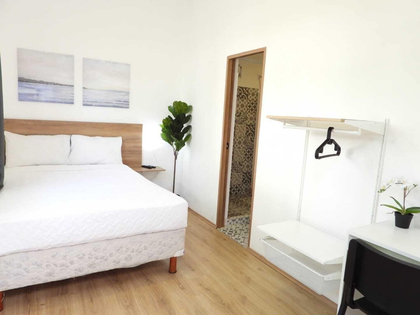 Un dormitorio con cama, escritorio, silla, perchero y planta en maceta.