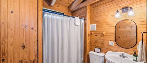 A wooden cabin bathroom with a shower curtain, toilet, sink, and mirror.