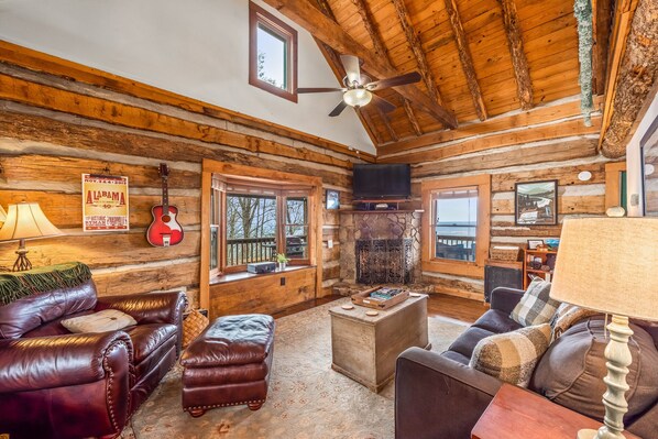 Smart TV, fireplace, DVD player, books