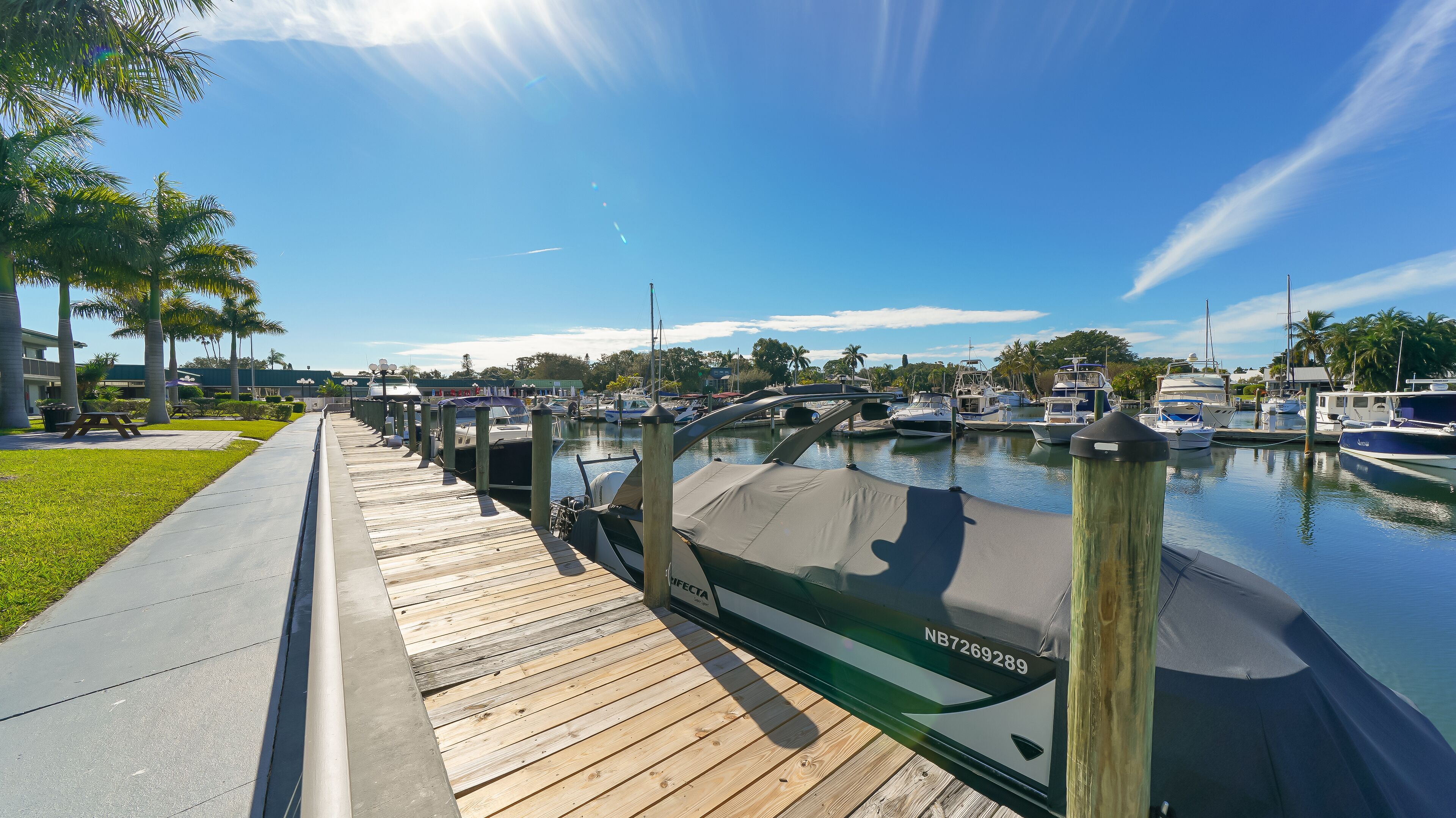 Un puerto deportivo con barcos amarrados, un muelle de madera y palmeras.