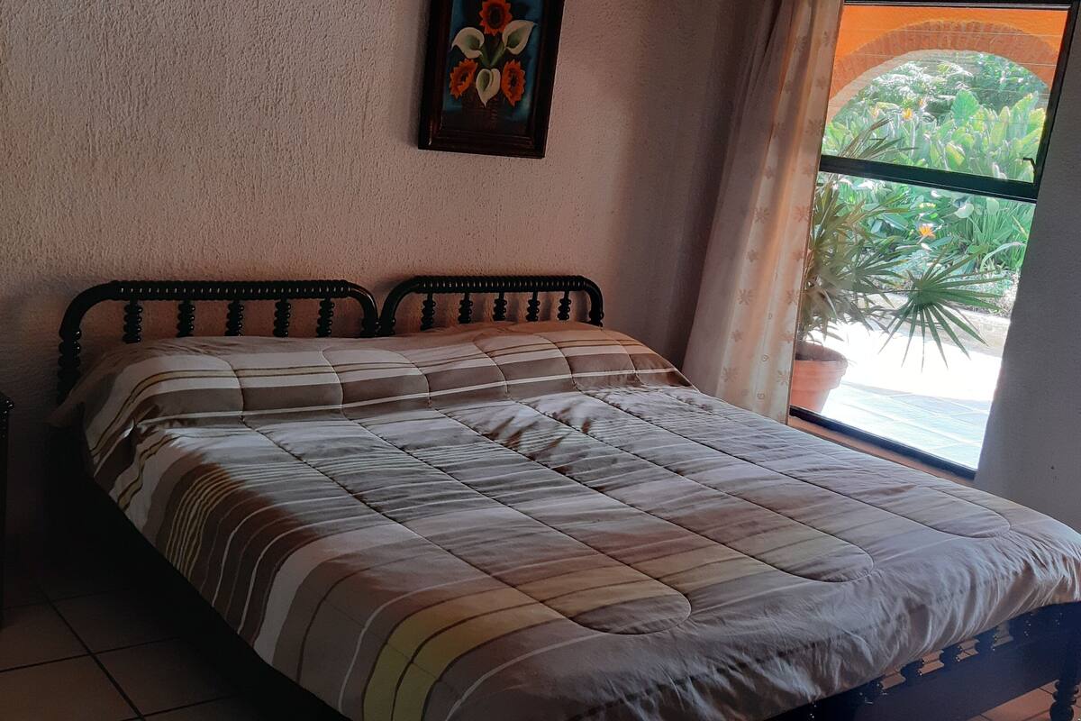 A bedroom with a bed, a nightstand, a lamp, and a window with a view of plants.