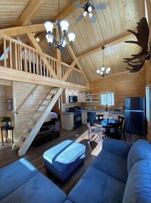 Une cabane spacieuse avec une chambre à coucher en mezzanine, une cuisine et un coin repas.