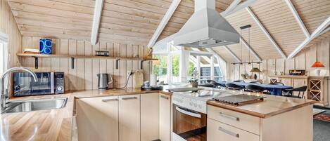 Fridge, stovetop, dishwasher, coffee/tea maker