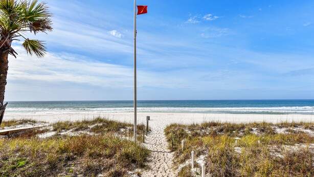 Ein Sandweg am Strand, der zum Meer führt, mit einer Fahnenmast und einer Palme.