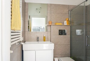 Shower, hair dryer, bidet, towels