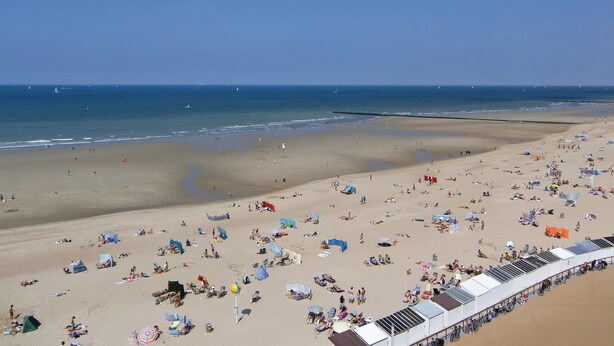 Una spiaggia con numerosi lettini e ombrelloni, una lunga fila di sedie a mare e una vista limpida sull'oceano.