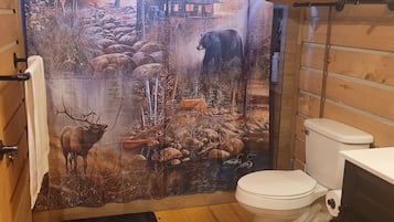 Shower, hair dryer, towels, shampoo