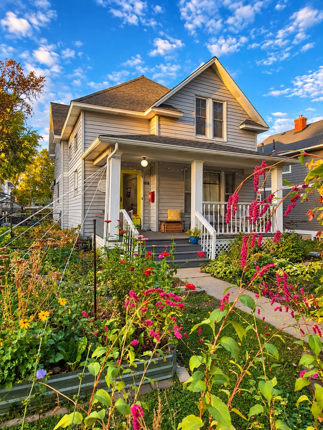 A two-story house with a porch, a front yard with various plants, and a clear blue sky.