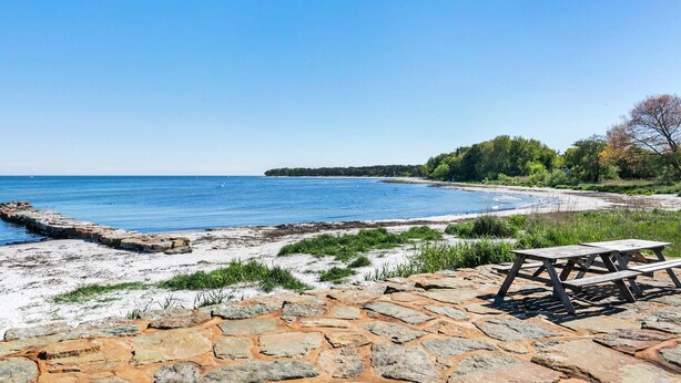 A coastal beach with a stone pathway leading to a wooden picnic table.